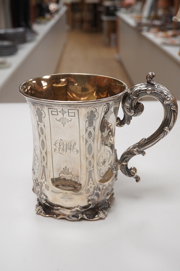 A George II provincial silver tankard by John Langlands I, with later engraved inscription, Newcastle, 1746, 12.3cm, 10.2oz. Condition - fair